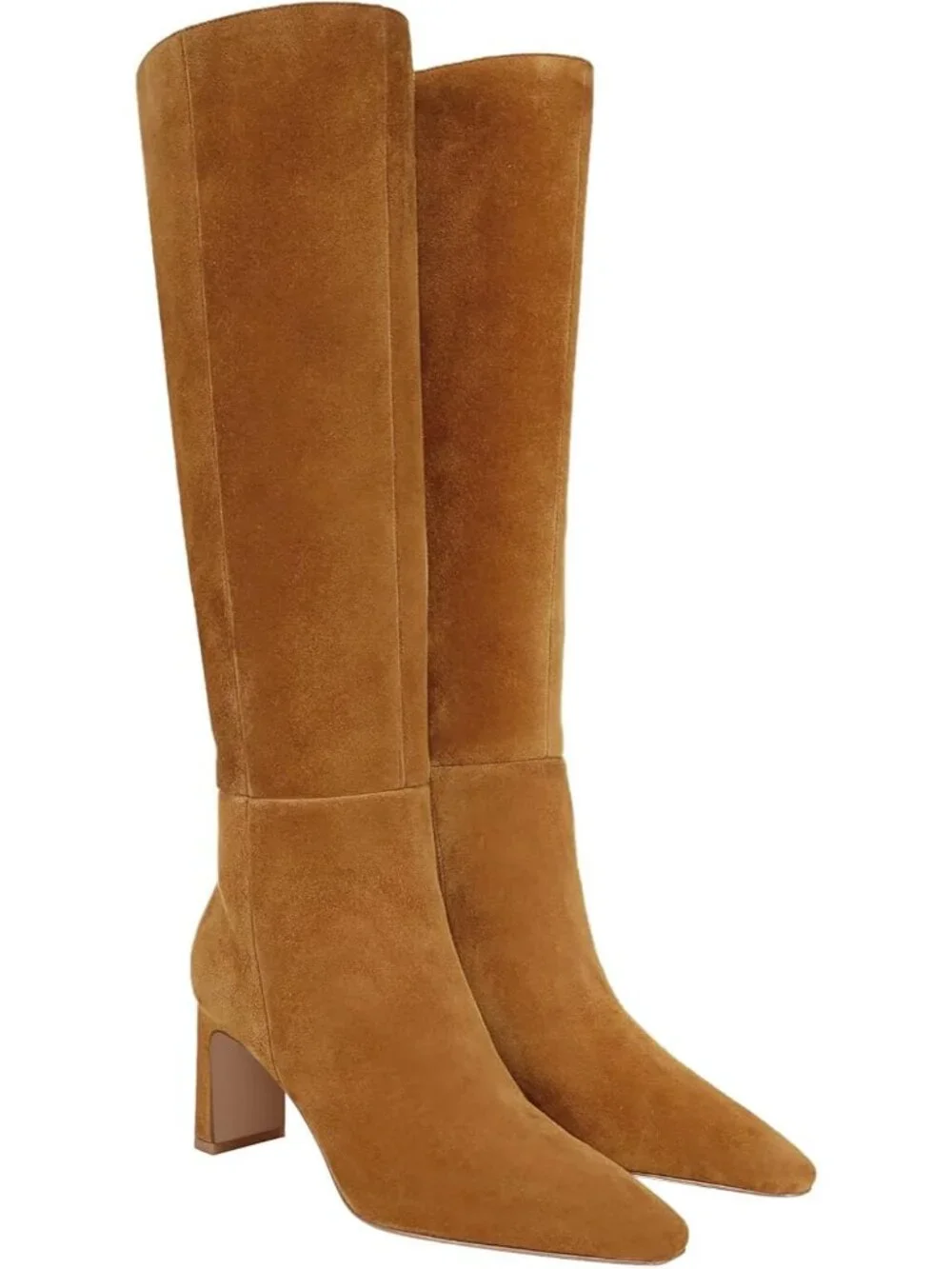 Women's Brown Chunky Heel Pointed Toe Faux Suede Side Zipper Knee High Boots